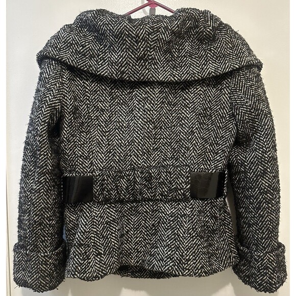 ZARA Wool Blend Belted Bouclé Coat Large* Herringbone Black White Shawl Collar - Picture 2 of 7